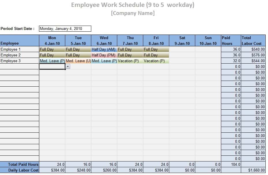 Employee Work Schedule Template