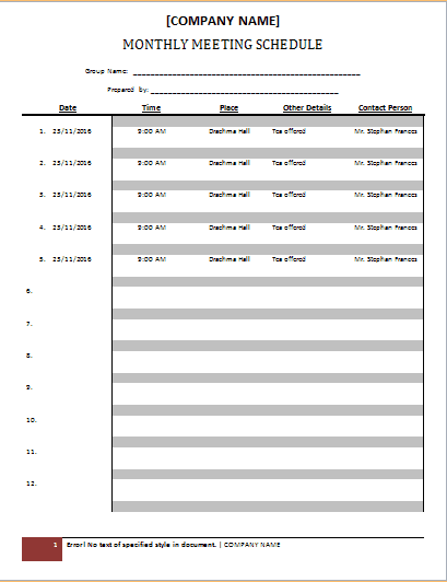 Meeting schedule template