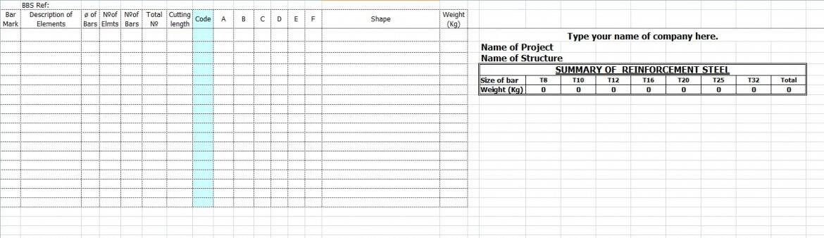 Bar bending schedule template