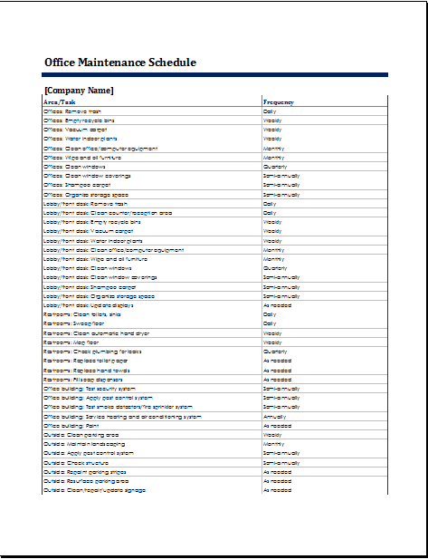 Maintenance schedule template